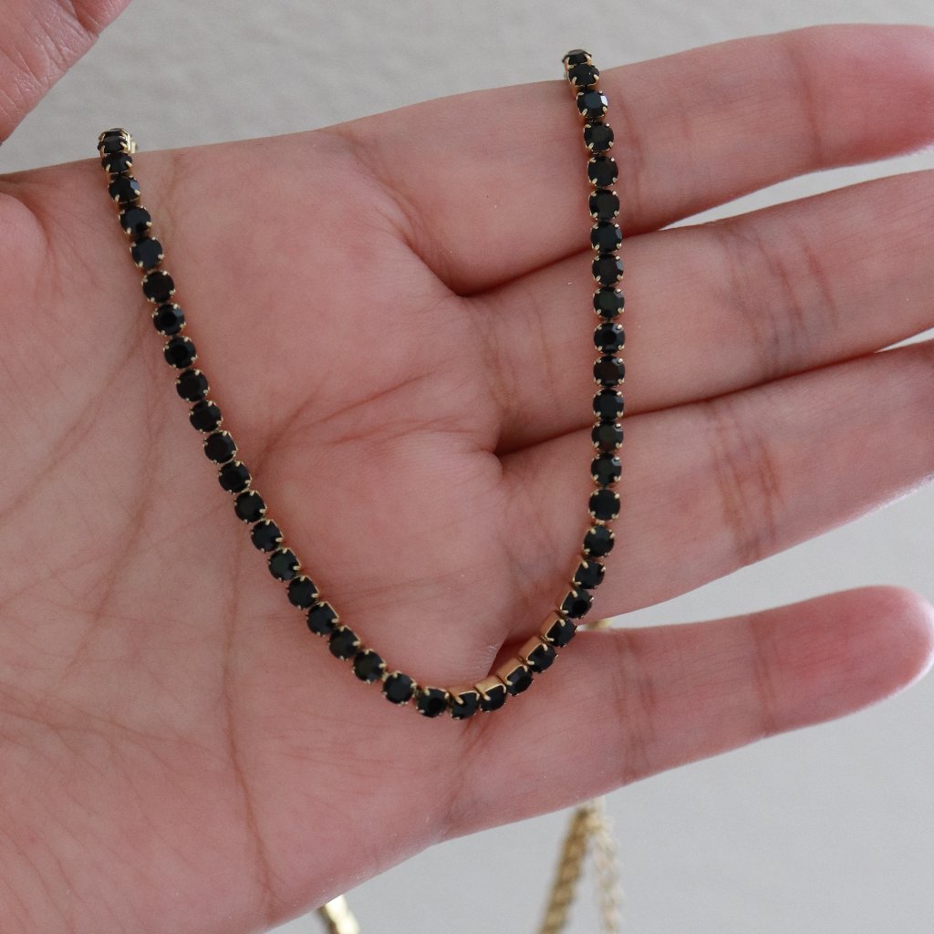 Jet Black Cz Diamond 18k Gold Plated Tennis Chain Necklace Stainless Steel